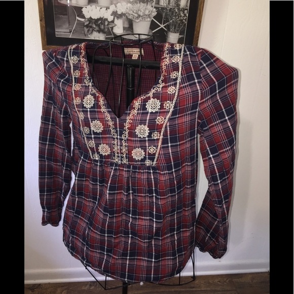 ❤️ Cape Juby size medium plaid v neck embroidered pleated casual lightweight - Picture 1 of 5